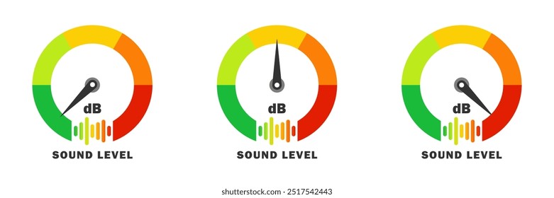 Ícone do medidor de nível de som com escala de decibéis (dB) em um estilo de indicador multicolorido. Ideal para medição de áudio, volume ou ruído. Ilustração vetorial