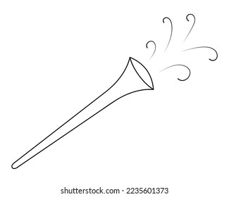 Sound from the magic pipe. Sketch. Musical instrument. Trumpet of a Christmas angel. Vector illustration. Coloring book for children. Doodle style. Outline on a white isolated background. 