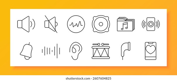 Sound and media set icon. Speaker, mute, waveform, woofer, music folder, audio device, bell, signal, ear, drum, earbud, mobile heart in flat outline black on white background.
