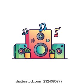 Sound and Melody Illustration, Musical Speaker Device. Cute Vector Colorful Cartoon Design Element