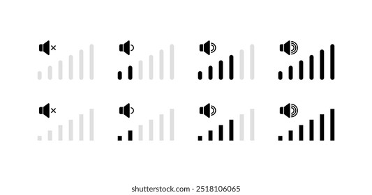 Ícones definidos pelo medidor de som. Estilo plano e silhueta. Ícones de vetor.