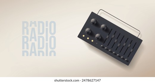 Mezclador de sonido Vector 3d, ecualizador de audio con Botones de volumen y sintonizadores de volumen de receptor. Icono de caja retro de estación de radio. Ilustración de renderizado de altavoz de música. Máquina de almohadilla de grabación para dj para mezclar Pistas de audio.