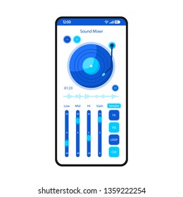 Sound Mixer App Smartphone Interface Vektorvorlage. Mobile Seite schwarzes Design Layout. Audio-Equalizer. Sprachschreiber. DJ-Mischpult. Flache Benutzeroberfläche für Anwendungen. Lautstärkeregler. Telefonanzeige