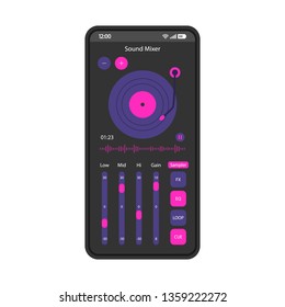 Sound mixer app smartphone interface vector template. Mobile page black design layout. Audio equalizer. Voice recorder. DJ music mixer screen. Flat UI for application. Volume turntable. Phone display