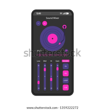 Sound mixer app smartphone interface vector template. Mobile page black design layout. Audio equalizer. Voice recorder. DJ music mixer screen. Flat UI for application. Volume turntable. Phone display