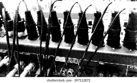 Sound mixer control panel, closeup. Black white halftone doted background. Vector illustration.