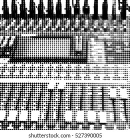 Sound mixer control panel, closeup. Black white halftone doted background. Vector.