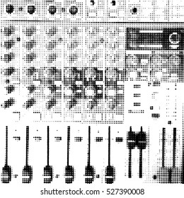 Sound mixer control panel, closeup. Black white halftone doted background. Vector.