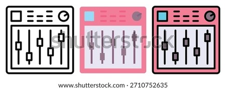 Sound Mixer Control Vector Icon Set in Outline, Colour And Flat Style
