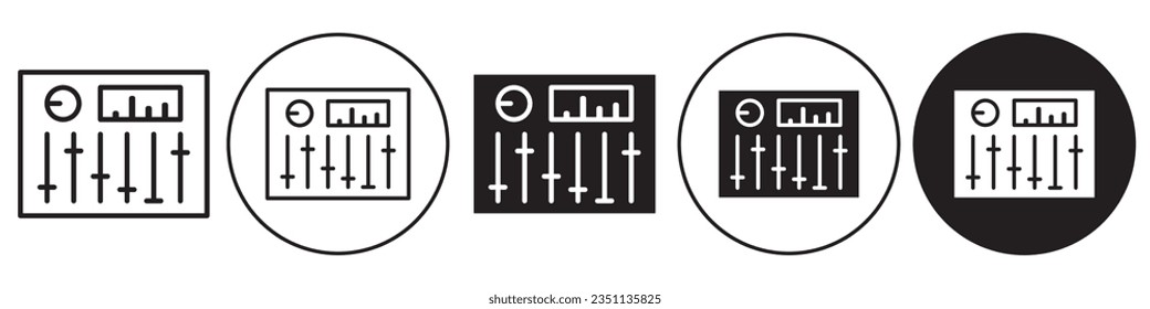 Icono del mezclador de sonido. Símbolo vector del controlador de canal del sistema de sonido musical o regulador del panel ecualizador con perilla. Establecer la colección de consola de la tarjeta de audio que usa el estudio dj. Esbozo plano del deslizador del atenuador