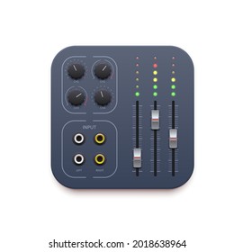 Sound mixer, music sound record app icon, vector DJ audio control buttons. Sound mixer application icon with audio studio panel sliders, volume tuners and song player toggles and microphone inputs