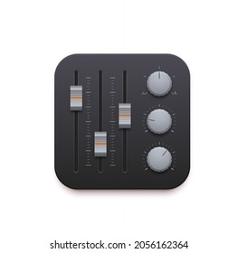 Sound mixer, music and sound record app 3d icon. Vector audio mixing console or music studio board panel isolated symbol with control knobs, switches, fader sliders, application interface button