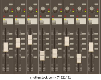 sound mixer pult. faders and regulators. eight channels.