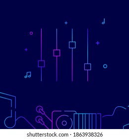 Sound mixer sliders gradient line vector icon, simple illustration on a dark blue background, music related bottom border.