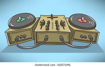 Sound Mixer And Turntables Cartoon Illustration. Vector Graphic. 