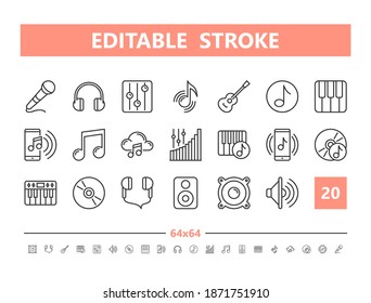 Sound and Music 20 line icons. Vector illustration in line style. Editable Stroke, 64x64, 256x256, Pixel Perfect.