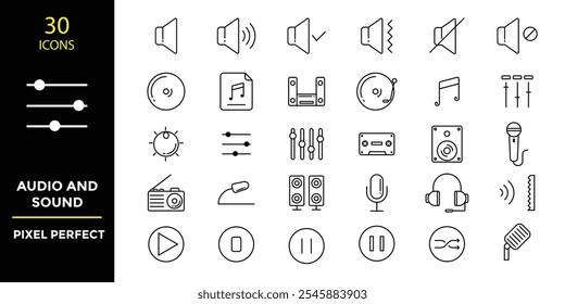 Conjunto de Ícones de Música de Som, Linha de Coisas, Ícones de Vetor de Contorno de Contorno para Engenharia de Som, Sites de Estúdio, aplicativos móveis, design de UI UX, apresentações e ferramentas de negócios