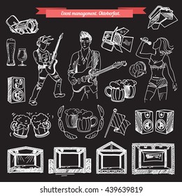 Sound, music and light festival vector set in  hand-drawn style. Woman with beer, appetizers, leaves and pretzels, barrel. Sound, music and light , microphone, spotlight, stage.