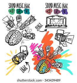 Sound, Music And Light Vector Set In  Hand-drawn Style. Microphone, Spotlight, Stage.
