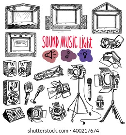 Sound, Music And Light Vector Set In  Hand-drawn Style. Microphone, Spotlight, Stage.