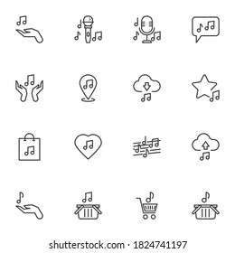 Sound and music line icons set, outline vector symbol collection, linear style pictogram pack. Signs, logo illustration. Set includes icons as karaoke microphone, radio mic, favorite music store chat