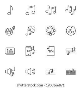 Sound and music line icons set, outline vector symbol collection, linear style pictogram pack. Signs, logo illustration. Set includes icons as musical note, music play, audio sound volume, loudspeaker