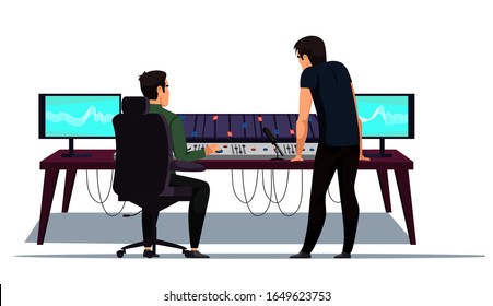 Sound music recording and creation studio at work. Record producer audio engineer workplace. Different equipment for capturing, mixing, mastering song isolated on white. Vector illustration