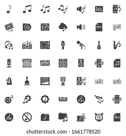 Sound and Music vector icons set, modern solid symbol collection, filled style pictogram pack. Signs, logo illustration. Set includes icons as sound record studio, musical instruments, music notes