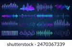 Sound music wave. Bar beat, logo audio, icon frequency pattern. Form mixer line, movement, spectrum voice, dynamic motion waveform equalizer tone. Vector isolated on black background abstract gradient