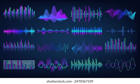 Sound music wave. Bar beat, logo audio, icon frequency pattern. Form mixer line, movement, spectrum voice, dynamic motion waveform equalizer tone. Vector isolated on black background abstract gradient