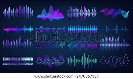 Sound music wave. Bar beat, logo audio, icon frequency pattern. Form mixer line, movement, spectrum voice, dynamic motion waveform equalizer tone. Vector isolated on black background abstract gradient