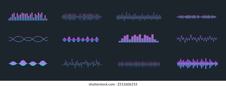 Efeito de ondas de som e música. Equalizador. Ondas de rádio ou de voz. Sinal de alta frequência. Sinal sonoro	
