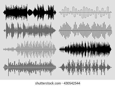 Sound music waves vector set. Audio technology musical pulse or sound charts. Equalizer play sound waves