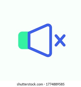 Vector de icono silencioso de sonido, signo plano relleno, pictograma bicolor del altavoz silenciado, color verde y azul. Símbolo, ilustración de logotipo