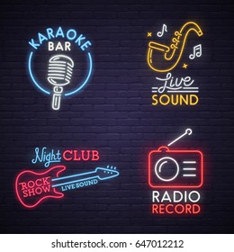 Sound neon sign. Karaoke neon sign. Rock Show. Radio, bright signboard, light banner. Logo, label, emblem.
