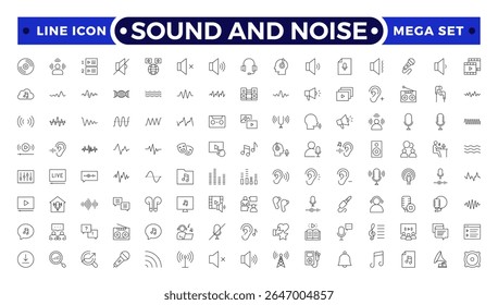 Ícone de Contorno de som e ruído definido. Ondas de som, Equalizador, Ondas de áudio, Sinal de rádio, Música. Gravando. 
