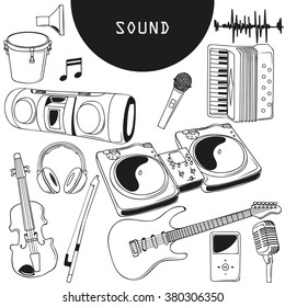 Sound, note, tape,record player, DJ mixer, a microphone, electric guitar, player, old school microphone, headphones, sound wave, violin, drum, bow, accordion. Vector illustration