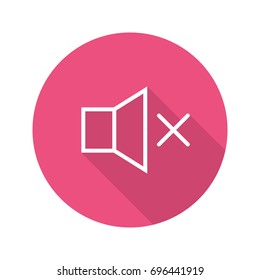 Sound off flat linear long shadow icon. Speaker volume mute. Vector outline symbol