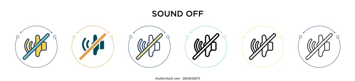 Sound off icon in filled, thin line, outline and stroke style. Vector illustration of two colored and black sound off vector icons designs can be used for mobile, ui, web