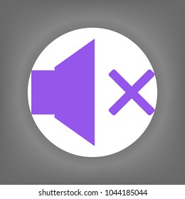 Sound OFF icon. muted. Vector. Violet icon on white circle with shadow at gray background.