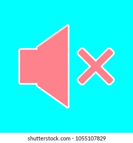 Sound OFF icon. muted. Vector. Magenta icon with white sticker contour at sky blue background. Isolated.