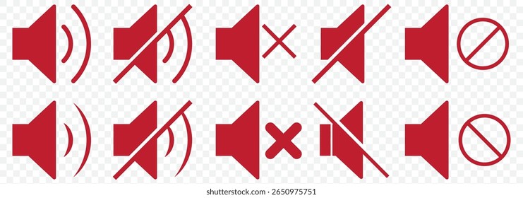 Sound off icon. speaker mute icon. Sound vector icon, music volume symbol. Vector Illustration. Flat design. Vector illustration in Red Color on Transparent Background. EPS 10.