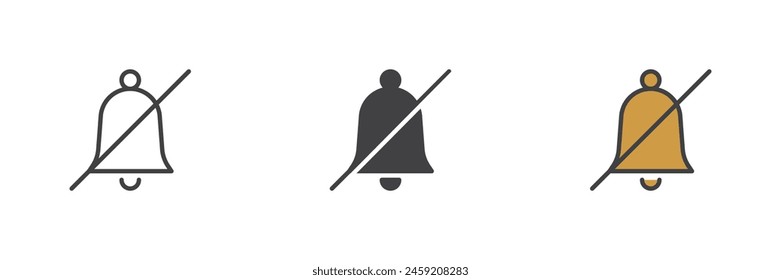 Sound Off or Mute different style icon set. Line, glyph and filled outline colorful version, outline and filled vector sign. Strikeout bell symbol, logo illustration. Vector graphics