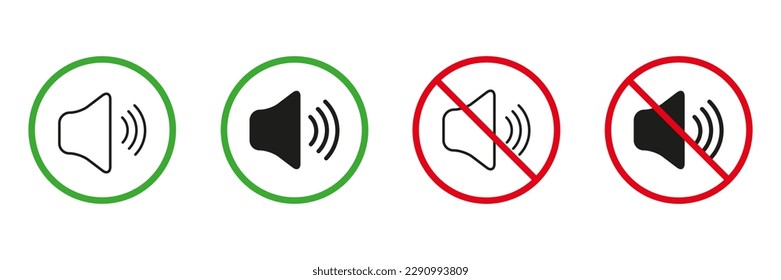 Klang aus, schmaler Modus Zonen rot und grüne Warnzeichen. Behalten Sie Silence Line und Silhouette Icons Set. Zulässige und verbotene Lärmzone, Loud Sound Pictogram. Einzelne Vektorgrafik.