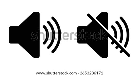 Sound off and on icon. Increases and reduces the sound. Icon showing the mute sign. A set of sound icons with different Sound signal levels in a flat style.