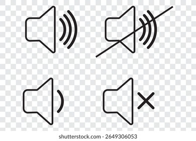 Sonido apagado y sonido en iconos vectoriales. Icono de altavoz de sonido en contorno negro. transmisión,