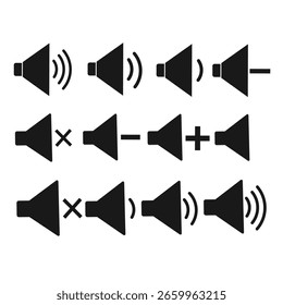 Sound off und Sound auf Vektorsymbolen. Lautsprechersymbol in schwarzem Umriss. Rundfunk,