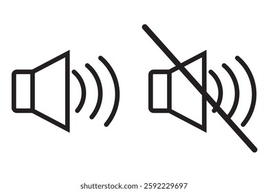 Sound Off and On volume icons set with different signal levels. Аn icon that increases and reduces the sound. Sound icon, volume symbol, speaker sign, audio control icon set. variety style.