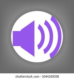 Sound ON icon. Vector. Violet icon on white circle with shadow at gray background.