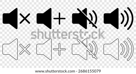 sound on off icons vector in line style . sound volume and mute icon. Volume allow and volume prohibit icon set. Sound and Mute. Volumes icon set. Speaker icon vector illustration. volume sign and 